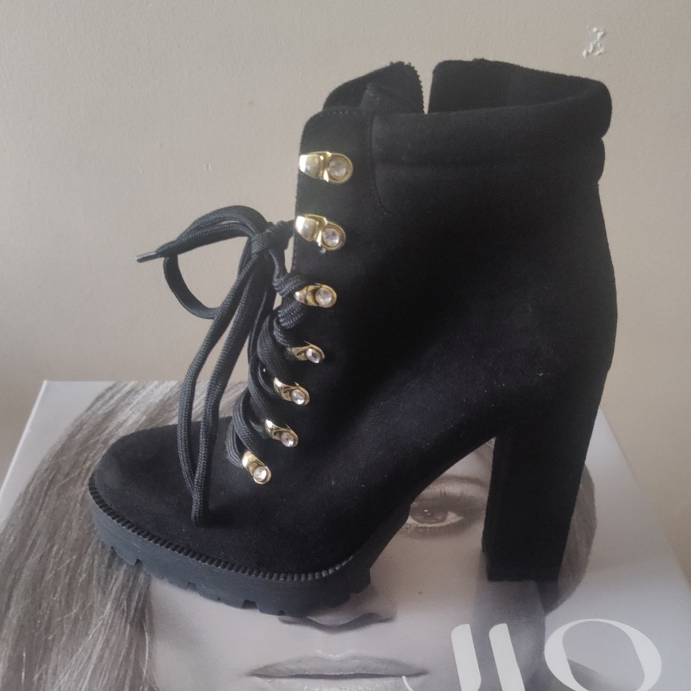 Jennifer Lopez Black Heeled Boots with Gold Accents